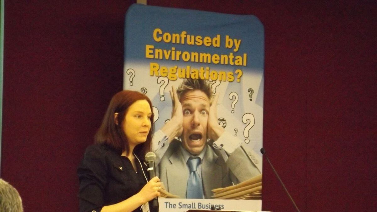 Image of Lisa giving a talk about "Confused by Environmental Regulations?"